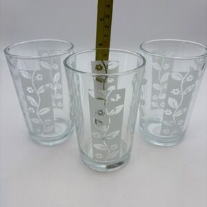 Vtg KIG Indonesia Frosted Floral Tumbler Drinking Glasses Set of 3 Leaves Floral